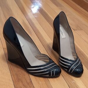 Valentino Black Patent Leather Wedge Pumps with mesh Stripes
